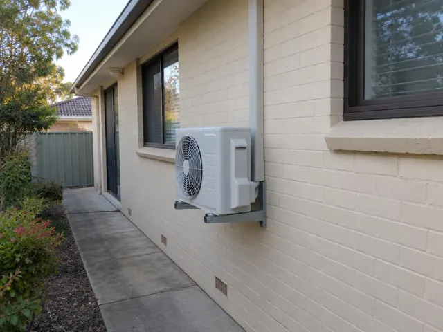 Wall-mounted outdoor air conditioner unit beside a brick house with concrete path and windows in Salisbury Heights